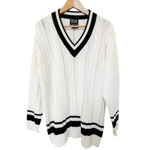 VTG Escada Cable Knit Cricket Sweater Mens US L White Navy Blue Tennis Cotton
